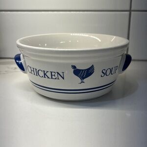 Farm House White & Blue Chicken Soup Ceramic Serving Bowl F.T.D.A. Vintage 1986